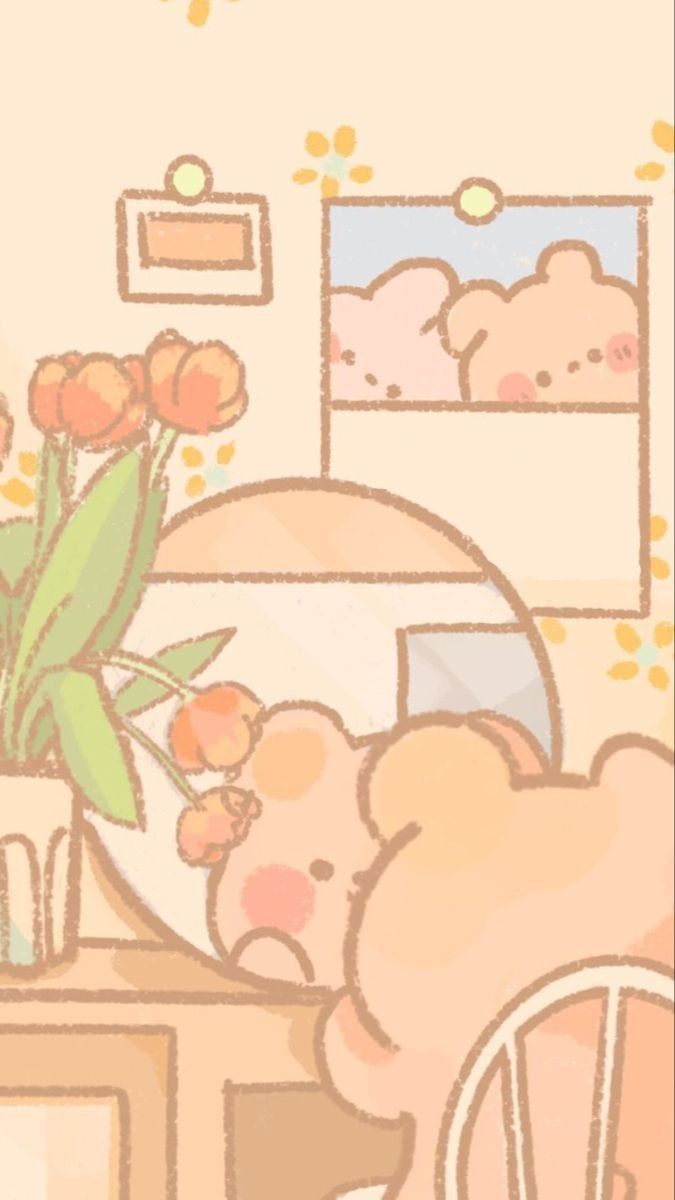 a teddy bear sitting at a table with flowers in a vase