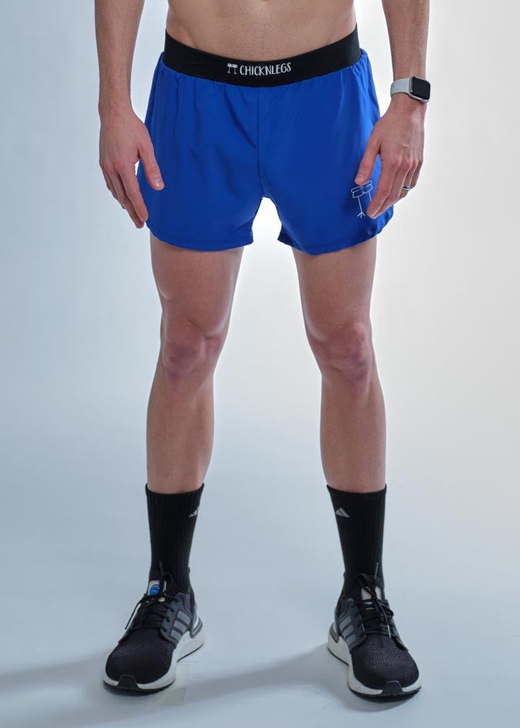 front view of the men's 4 inch royal blue split shorts from ChicknLegs. Best Running Shorts, Royal Blue Shorts, 140 Lbs, Split Legs, Chicken Legs, Side Split, Fun Prints, Black Mesh, Blue Shorts