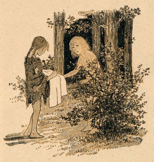 an illustration of two girls in the woods