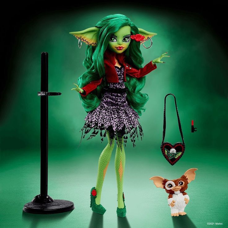 a doll with green hair standing next to a small dog on a leash and holding an object