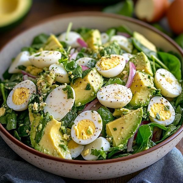 a salad with hard boiled eggs and spinach