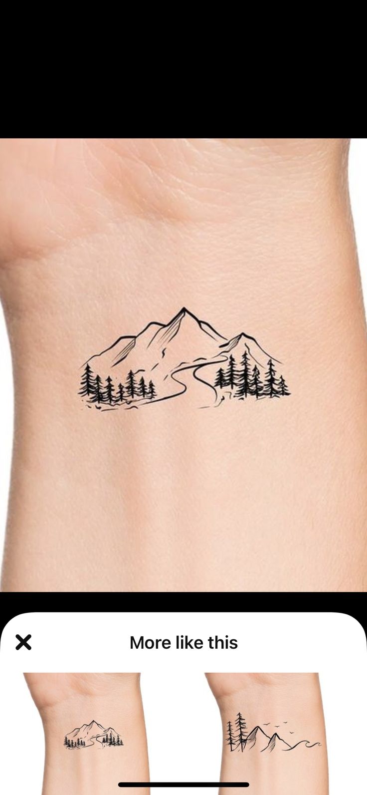 two different tattoos on one side of the body, with trees and mountains in the background