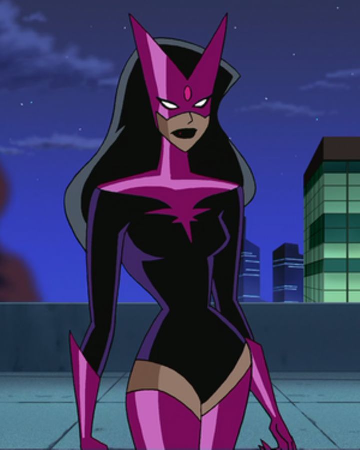 an animated female in a purple and black outfit standing on a rooftop with buildings behind her