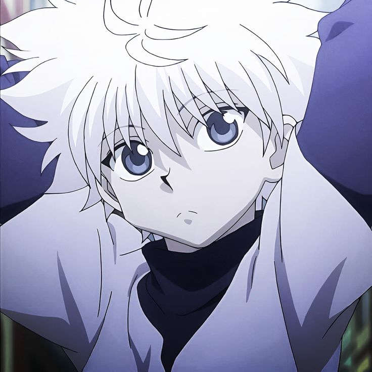 an anime character with white hair and blue eyes is posing for the camera while holding his hands behind his head