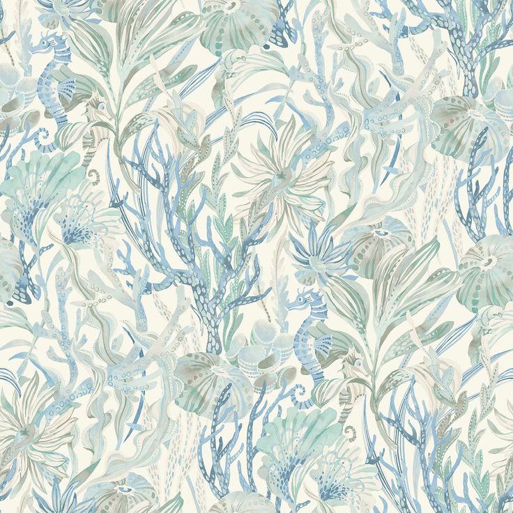 an abstract floral pattern with blue and green leaves