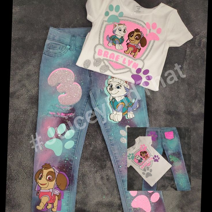 children's clothing with paw patrol on the front and back, including t - shirt and jeans