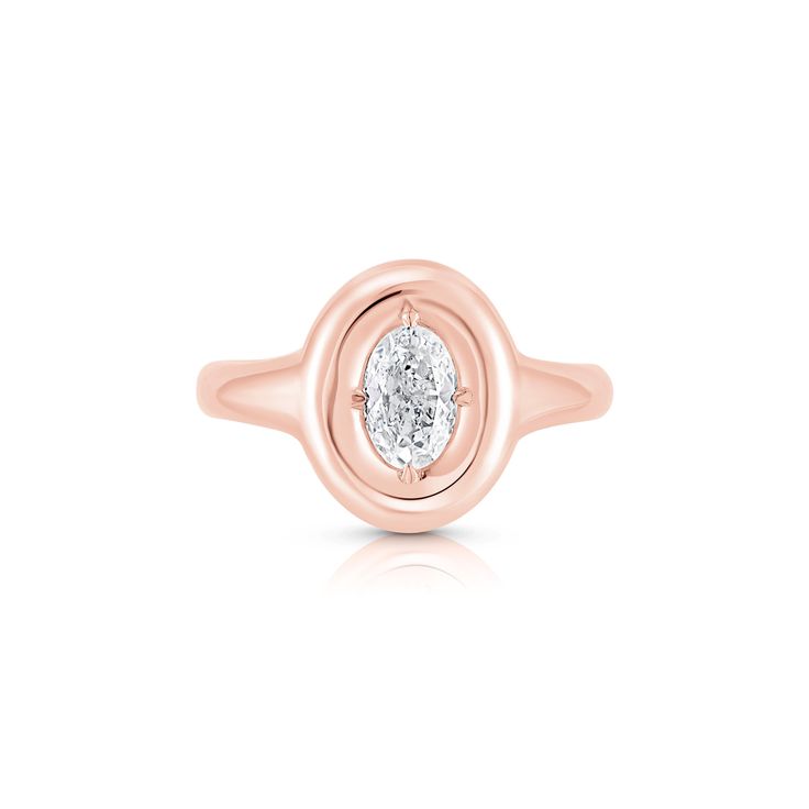 Design Set in our signature Puffy Bezel design, the Ovalis Ring beautifully features an oval cut diamond on a comfort fit band. Details & Dimensions - 0.35 carats Luxury 14k Rose Gold Oval Rings, Luxury Oval Rose Gold Diamond Ring, Oval Rose Gold Rings With Brilliant Cut, Modern Oval Rose Gold Rings, Modern Rose Gold Oval Rings, Modern Oval Rose Gold Signet Ring, Modern Rose Gold Oval Signet Ring, Oval Solitaire Signet Ring For Promise, Oval Solitaire Signet Promise Ring