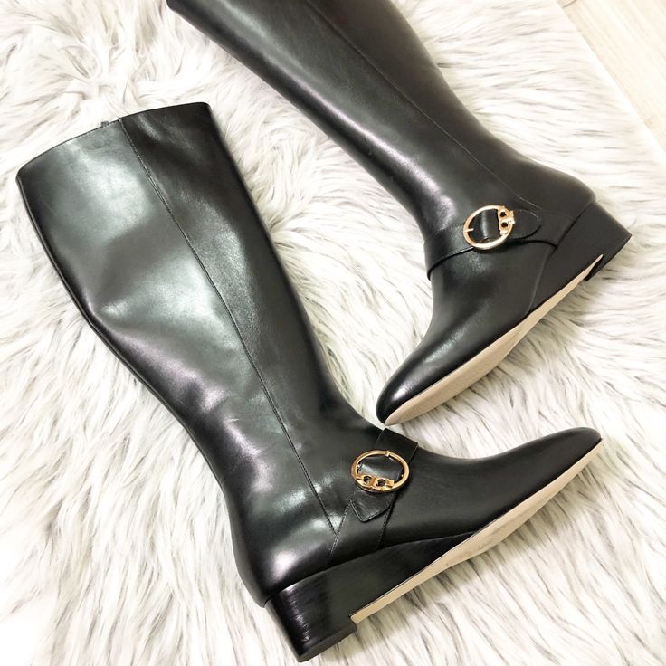 Tory Burch Black Leather Boots. Nappa Leather With Wedge And Gold Buckle. 17.5” Shaft Height. Side Zipper For Easy Wear. Brand New In Box. Tory Burch Black Leather Knee High Boots Luxury Business Knee-high Boots With Round Toe, Luxury Knee-high Boots With Round Toe For Business, Luxury Round Toe Knee-high Boots For Business, Designer Knee-high Boots With Round Toe For Work, Luxury Calf Leather Knee-high Boots With Round Toe, Luxury Formal Knee-high Boots With Round Toe, Chic Pointed Toe Calf Leather Wedge Boots, Chic Calf Leather Wedge Boots With Pointed Toe, Luxury Leather Knee-high Boots With Round Toe