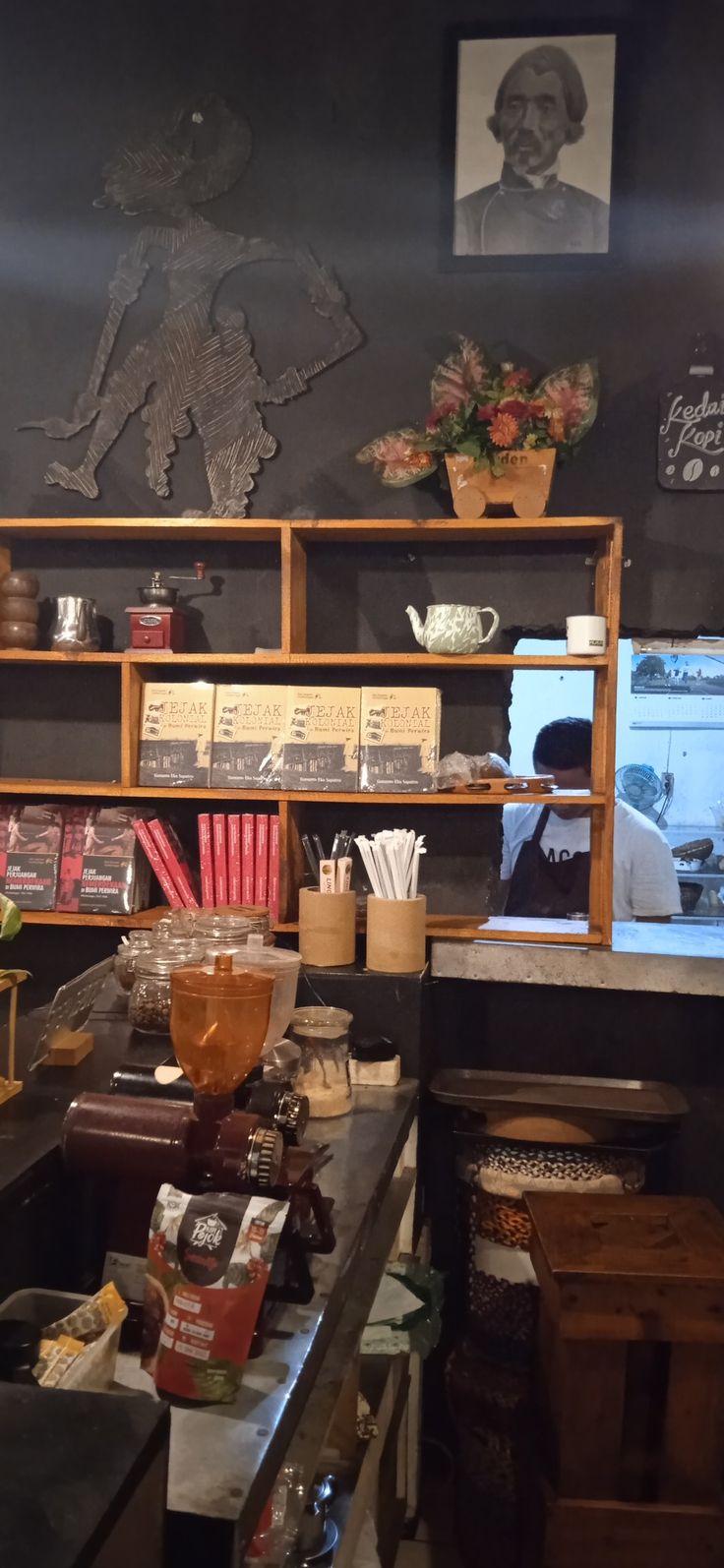 the inside of a restaurant with many items on display