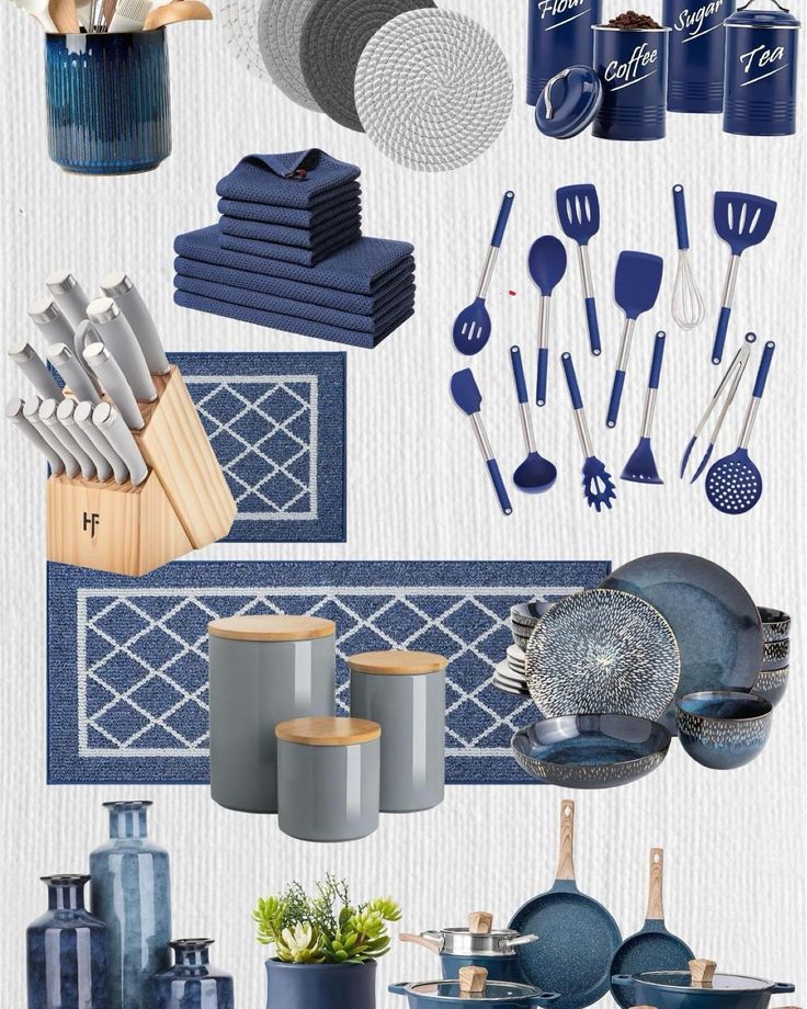 blue and white kitchen accessories are arranged in a collage with text overlaying the image