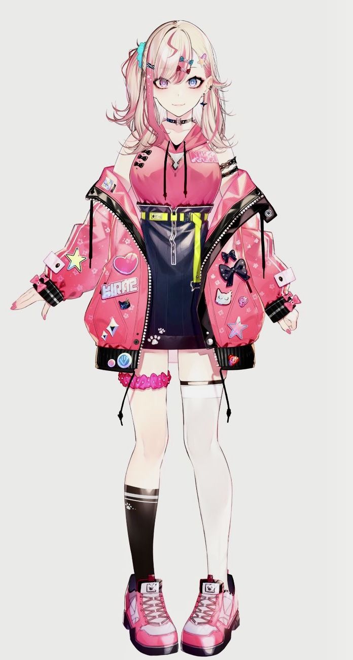 an anime character with pink hair and black shoes, wearing a pink jacket and white tights