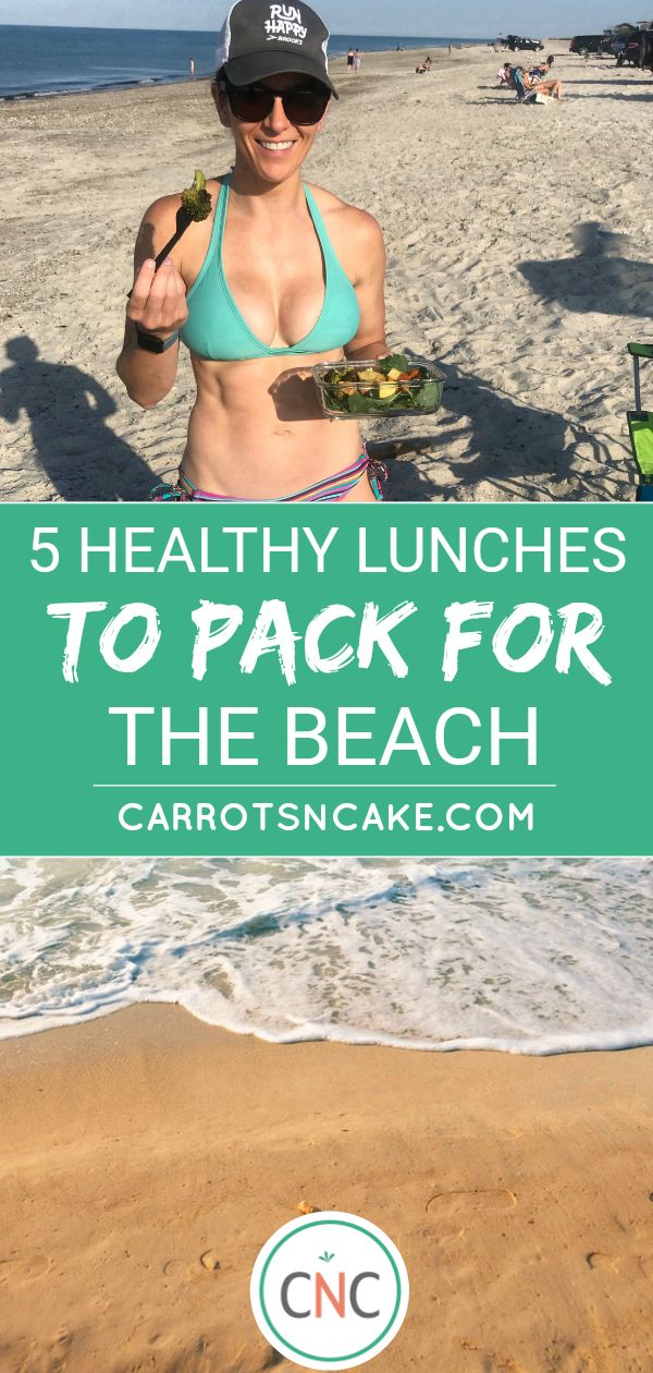 a woman on the beach with text overlay reading 5 healthy lunches to pack for the beach