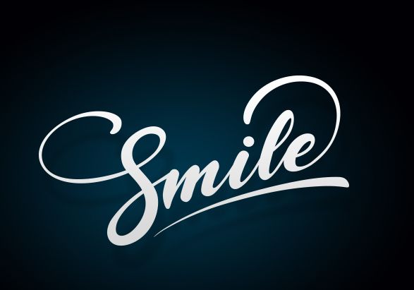 the word smile written in cursive writing on a black background with white lettering