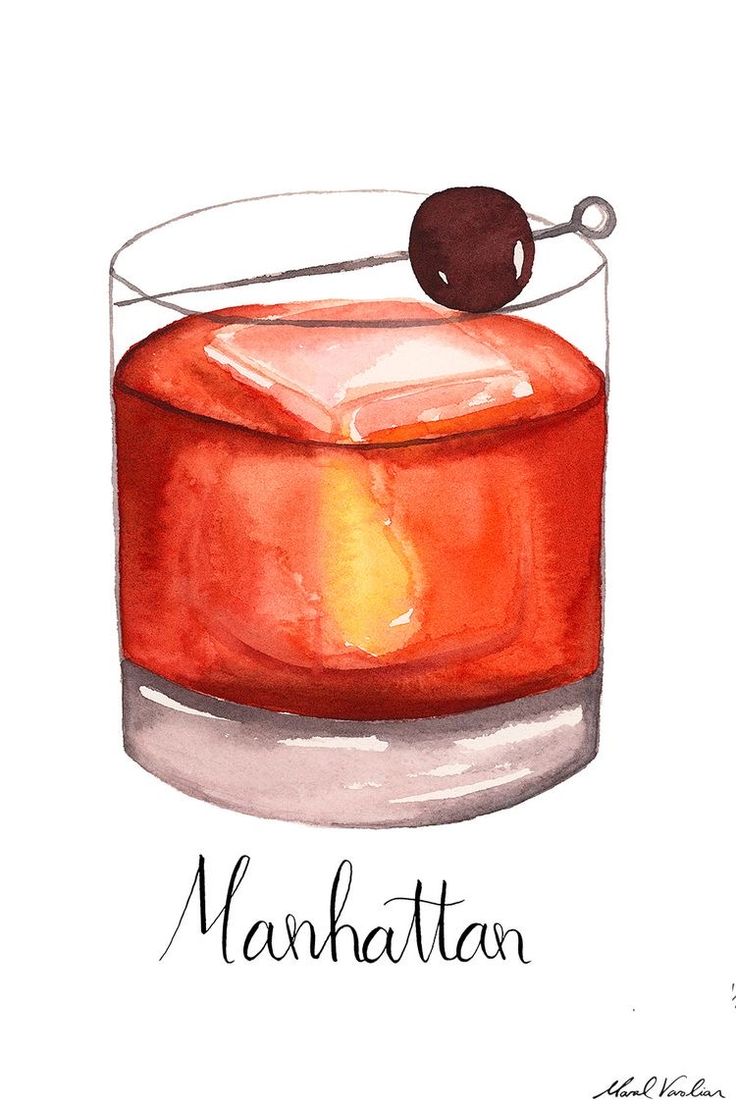 a drawing of a red cocktail with an olive on the top, and text that reads manhattan