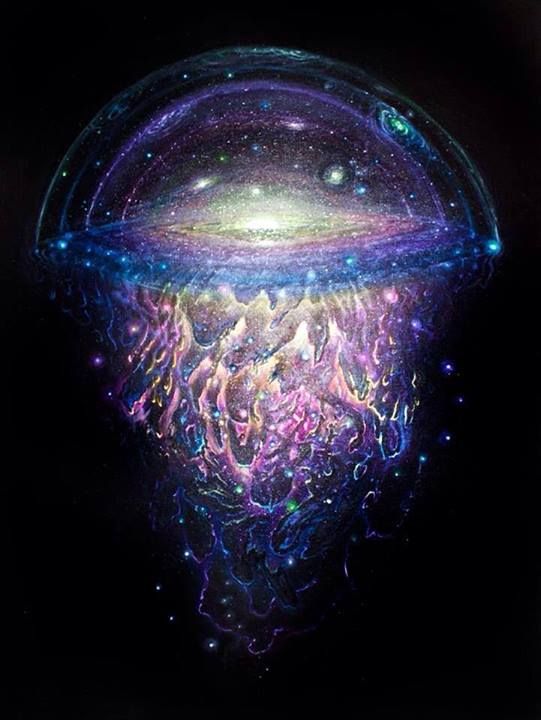 an image of a jellyfish floating in the air with stars and planets around it