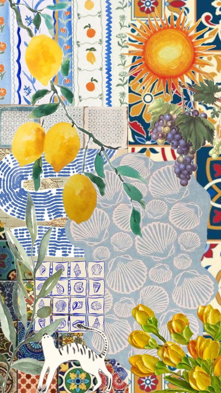 a collage of flowers, fruit and other items in blue and yellow colors with an orange sun on the background