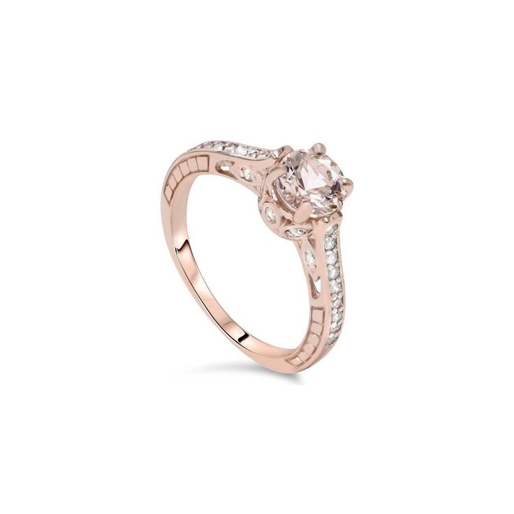 a rose gold ring with an oval cut diamond in the center and side stones on each band