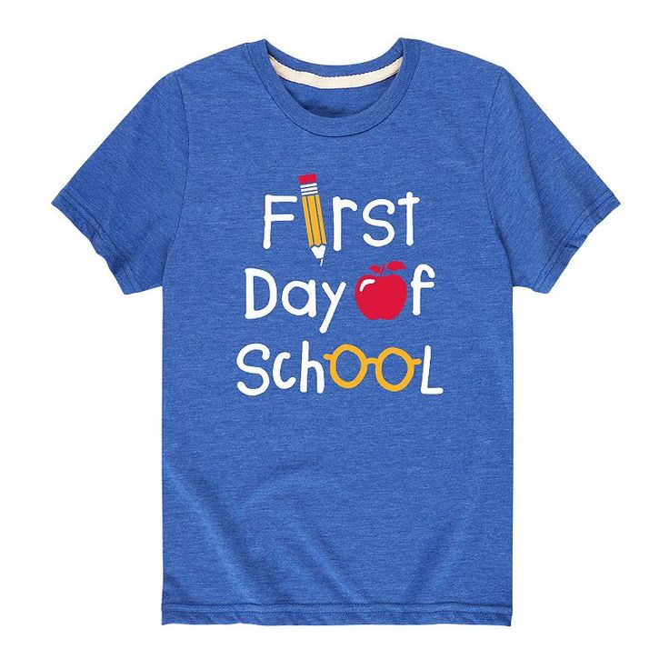 Give him a fun back to school look with this "First Day Of School" boys' graphic tee. Give him a fun back to school look with this "First Day Of School" boys' graphic tee. Crewneck Short sleevesFABRIC & CARE Heathered: cotton, polyester; Solid: cotton Machine wash Imported Size: Medium. Color: Blue. Gender: male. Age Group: kids. Material: Cotton Blend. School Look, First Day Of School Outfit, School Tees, 1st Day Of School, Boys Graphic Tee, School Looks, Too Cool For School, Going Back To School, Junior Outfits