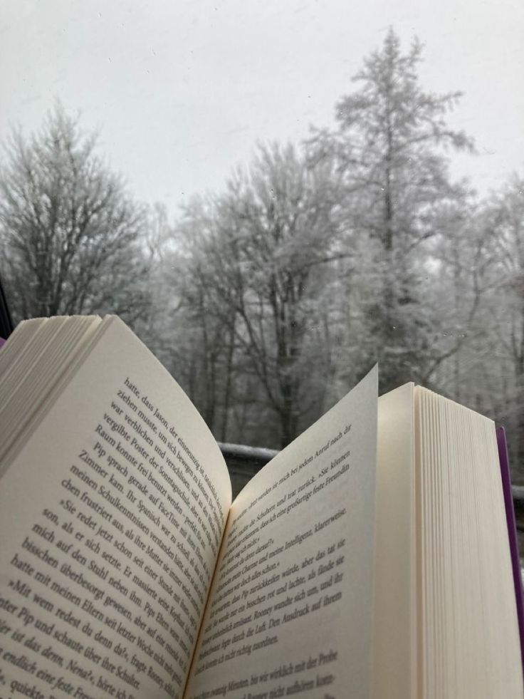 an open book sitting on top of a window sill in front of snow covered trees