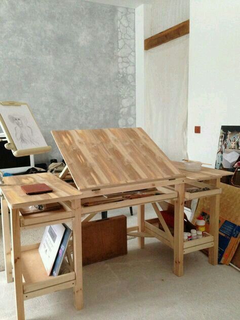 a wooden table sitting in the middle of a living room