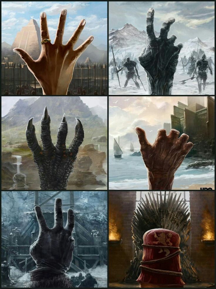 the game of thrones is shown in four different pictures, each with their own hand and