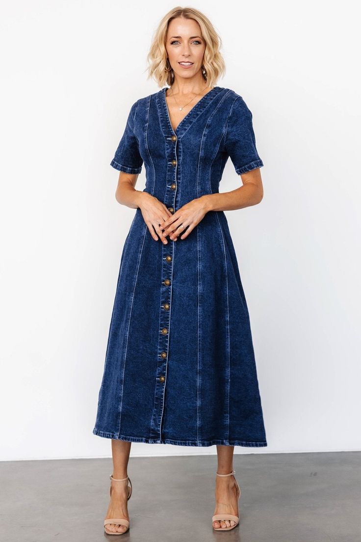 Oakley Button Denim Dress | Blue - Baltic Born Women Attire, Long Denim Dress, Cocktail Jumpsuit, Vintage Denim Dress, Dark Jean, Anchor Logo, Dresses Occasion, Dress Dark Blue, Baltic Born