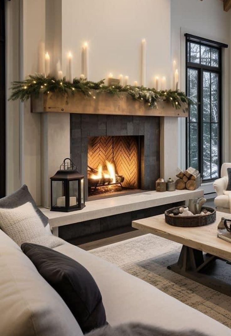 a living room filled with furniture and a fire place covered in candles next to a fireplace