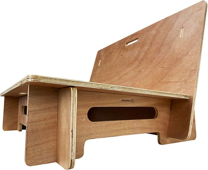 a wooden desk with a laptop on it's back and bottom shelf, made out of plywood