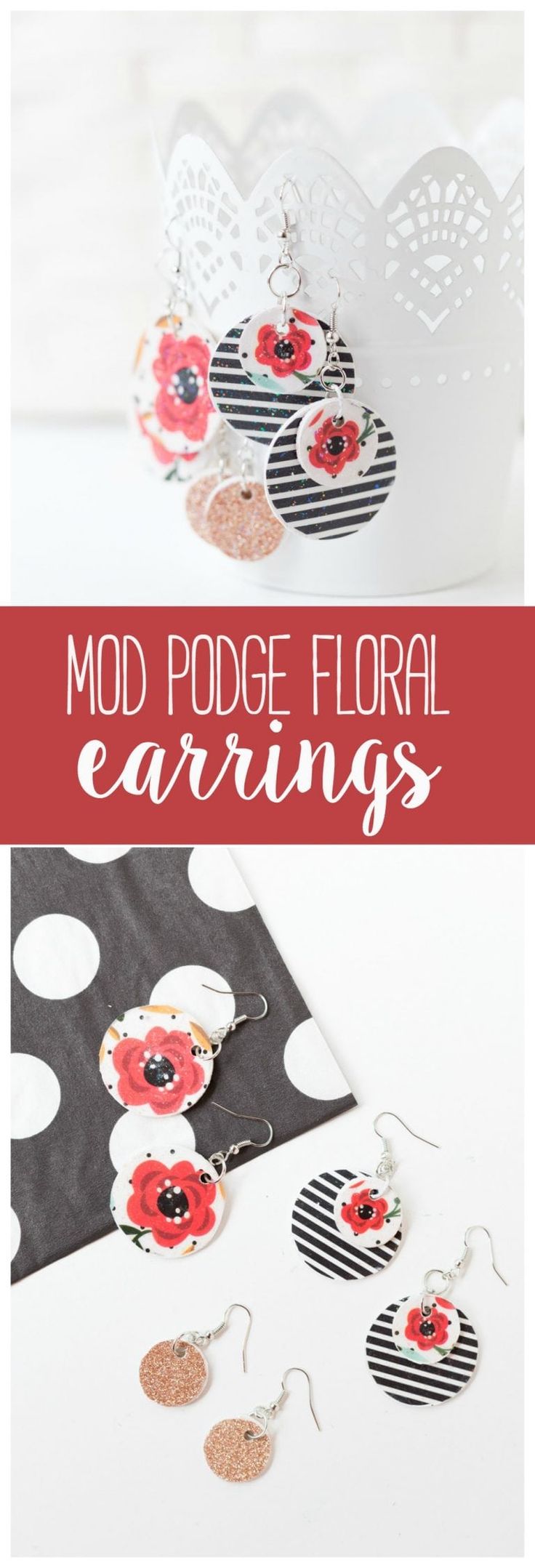 some red and white flowers are hanging from the side of a card that says mod podge floral earrings