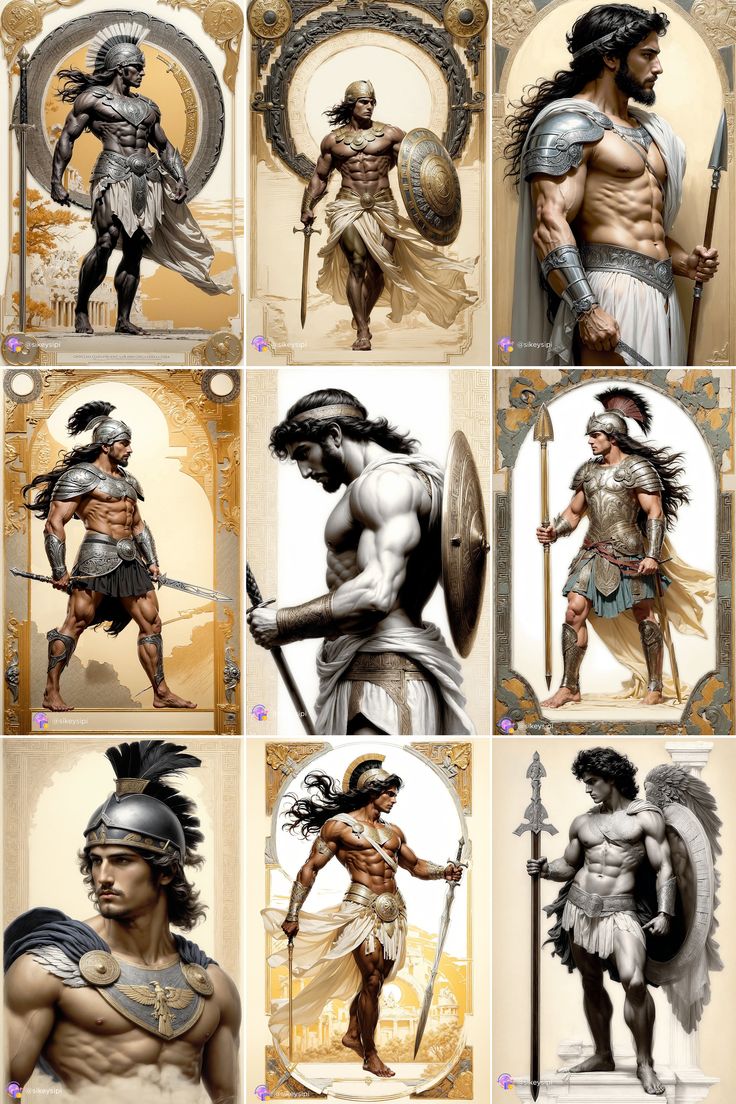 an image of some ancient men in different poses and colors, all wearing armor and holding spears