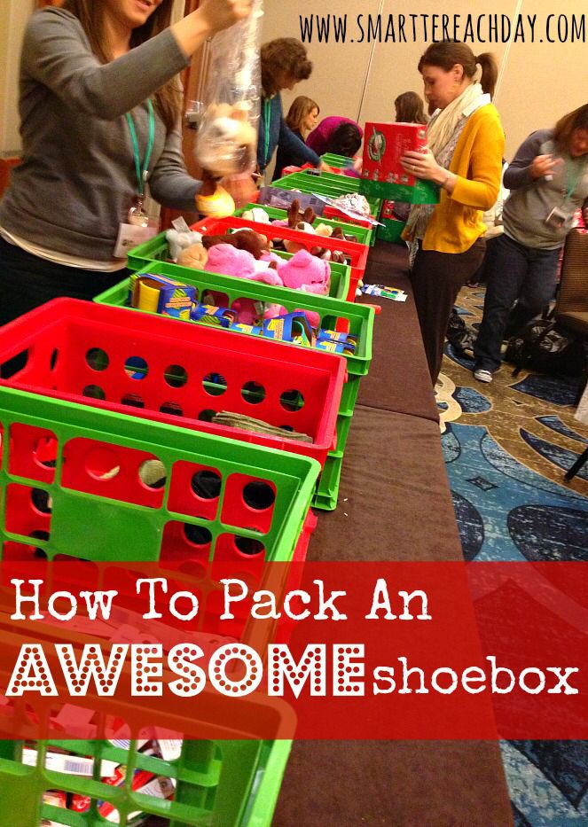 several children are playing with toys at the same time and text overlay reads how to pack an awesome shoebox