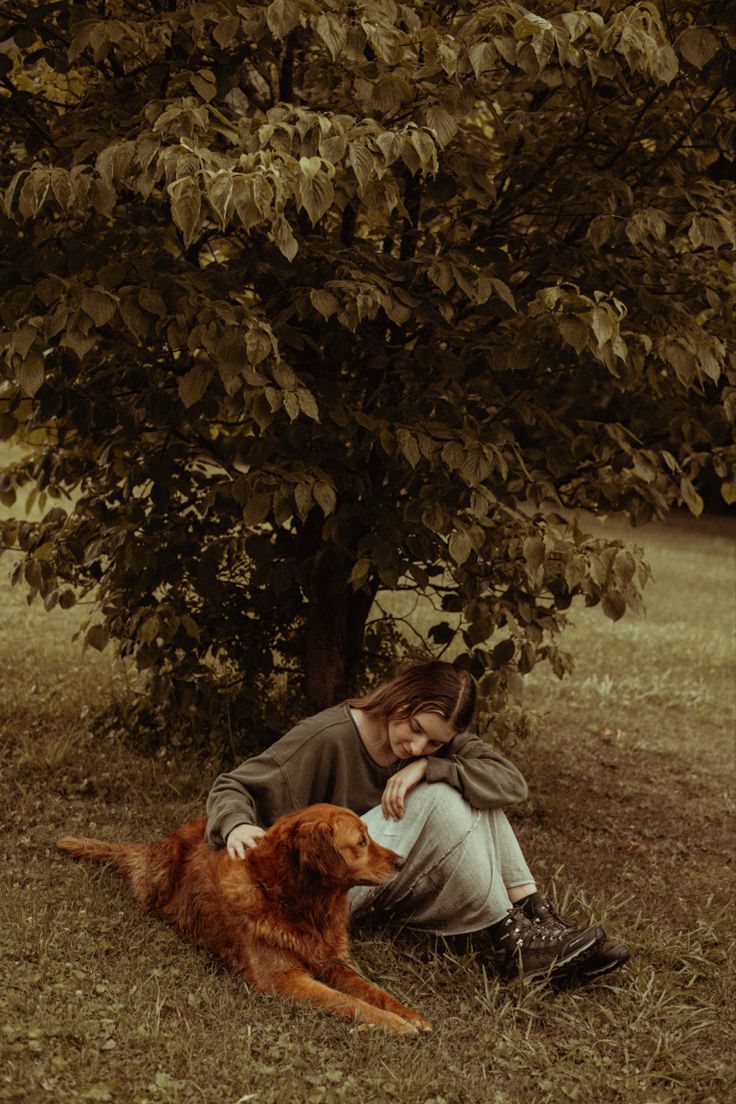 a person sitting under a tree with a dog