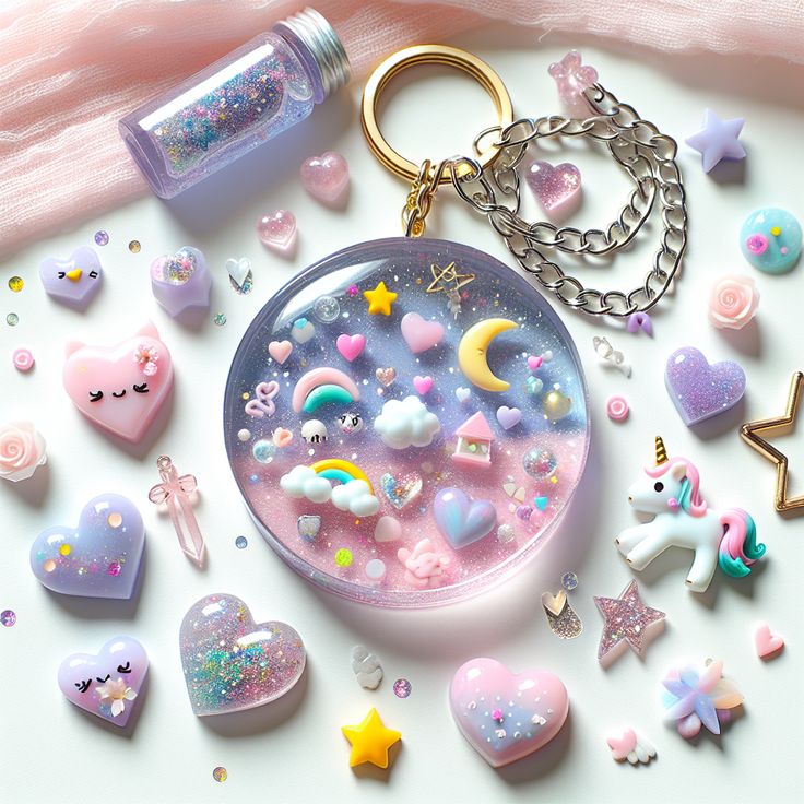 Adorn your keys with this charming resin art keychain! Designed with pastel hues, mini hearts, stars, flowers & glitter, shaped as a gleaming unicorn. Glossy gold chain adds a chic touch. Perfect for teenage girls! #ResinArtKeychain #UnicornKeychain #TeenAccessories #PastelKeychain #CuteKeychains #GiftForTeens Resin Art Keychain, Art Keychain, Flowers Glitter, Cute Stationary School Supplies, Hello Kitty Keychain, Making Resin Jewellery, Christmas Embroidery Patterns, Pretty Jewelry Necklaces, Phone Wallpaper Pink