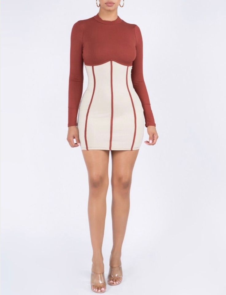 Mock neck bonding colour block mini dress 96% rayon 4% spandex Beige Mini Length Bodycon Dress, Fitted White Mini Dress With Splicing, Chic High Stretch Mini Bodycon Dress, Beige Stretch Knee-length Mini Dress, Beige Bodycon Mini Dress, Beige High Neck Dress, Chic Stretch Dress With Splicing, White Fitted Dress With Splicing Details, Fitted White Dress With Splicing Detail