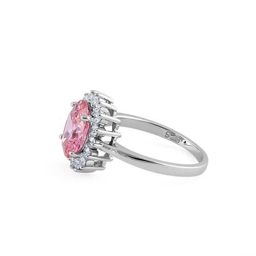 Top of ring height: 13.5mm

Top of ring width: 8mm

Band width: 2.1mm

Shank width: 1.8mm



Stone material: pink cubic zirconia

Center stone size: 10mm X 8mm

Stone shape: oval cut

Center stone carat weight: 2.54 ct.

Total number of CZ stones: 18

Stone setting: prong setting



Metal: 925 sterling silver

Plating: rhodium plated

Finish: high polish Classic Pink Cluster Ring With Halo Setting, Pink Oval Sapphire Ring With Halo Setting, Pink Cubic Zirconia Halo Ring With Prong Setting, Pink Sapphire Ring With Cubic Zirconia Center Stone, Classic Pink Cluster Ring With Center Stone, Pink Oval Ring For Formal Occasions, Pink Cubic Zirconia Halo Ring With Center Stone, Pink Brilliant Cut Cubic Zirconia Halo Ring, Pink Oval Sapphire Promise Ring