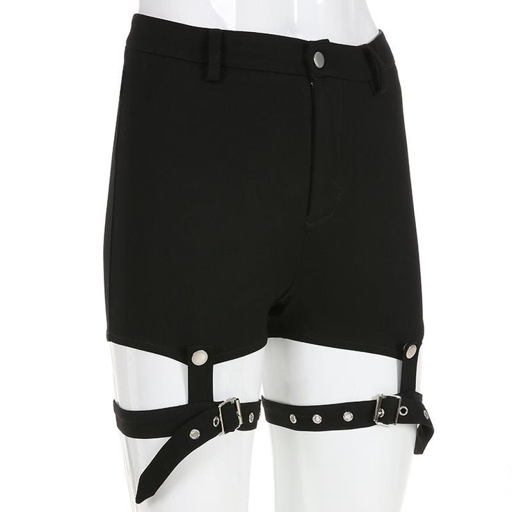 Garter Shorts Cute high waisted shorts with a riveted, buckled garter strap on each thigh. Tight but comfortable! Material: Cotton/Polyester. Waist Type: High. Elasticity: Stretchy. Size Waist Hips Length S 66cm (25.9") 84-98cm (33-38.6") 31cm (12.2") M 70cm (27.6") 88-98cm (34.6-38.6") 32cm (12.6") L 74cm (29.1") 92-102cm (36.2-40.2") 33cm (13.0") Outfit Ideas For Art, Garter Shorts, Oc Outfit Ideas, Clone High, Egirl Clothes, Leg Straps, Turtleneck Bodysuit, Angel Dress, Gothic Clothes