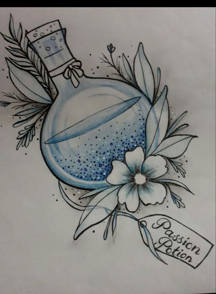 a drawing of a bottle with flowers on it