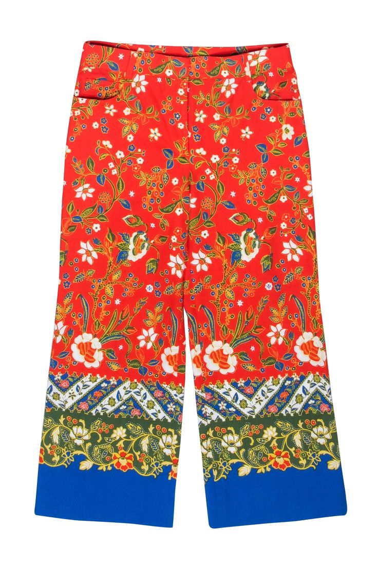 Current Boutique-Tory Burch - Red w/ Blue Floral Print Straight Leg Dayton Pants Sz 6 Spring Floral Print Patterned Bottoms, Patterned Bottoms For Spring, Patterned Floral Print Cotton Pants, Floral Print Cotton Bottoms, Patterned Printed Bottoms For Spring, Patterned Cotton Bottoms With Floral Print, Cotton Floral Print Patterned Bottoms, Spring Patterned Bottoms With Paisley Print, Spring Hippie Floral Print Bottoms