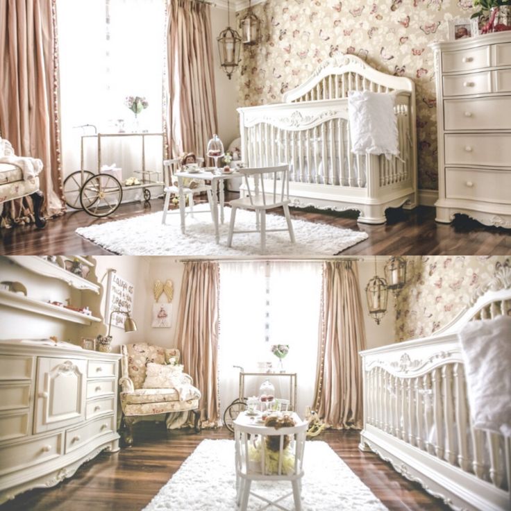 there are two baby cribs in this room with floral wallpaper on the walls