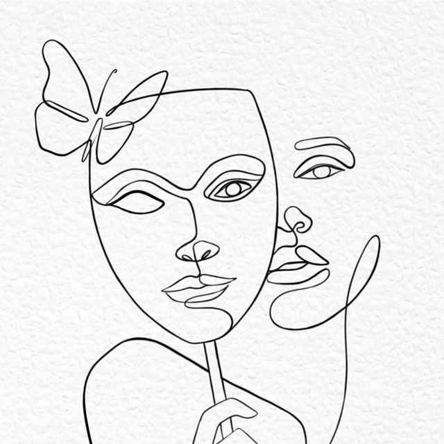 a line drawing of two women with one woman's face and the other has a butterfly on her head