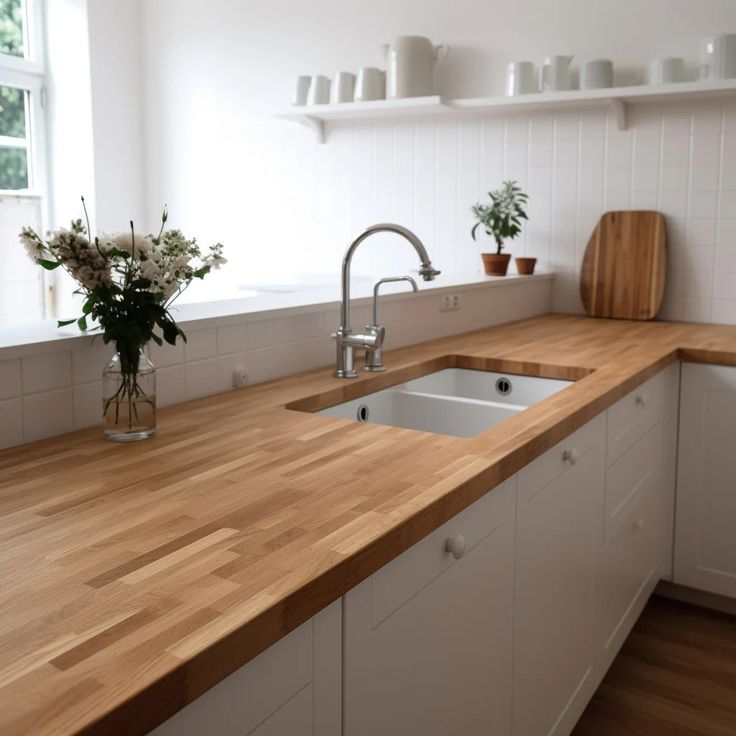 a wooden counter top in a white kitchen