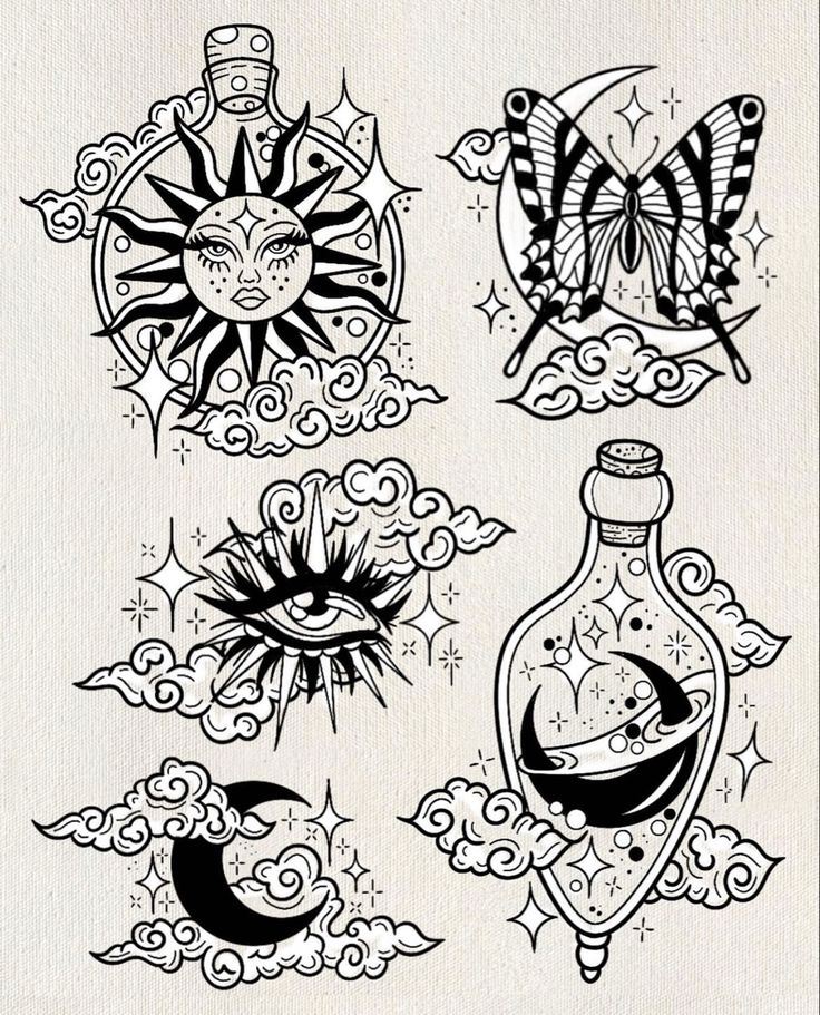 an image of tattoos on paper with sun, moon and stars in the sky above them