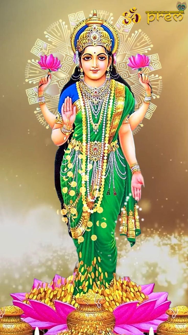 the hindu goddess in green and gold is standing on lotuses with her hands up