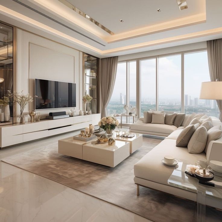 a living room filled with furniture and a flat screen tv on top of a wall