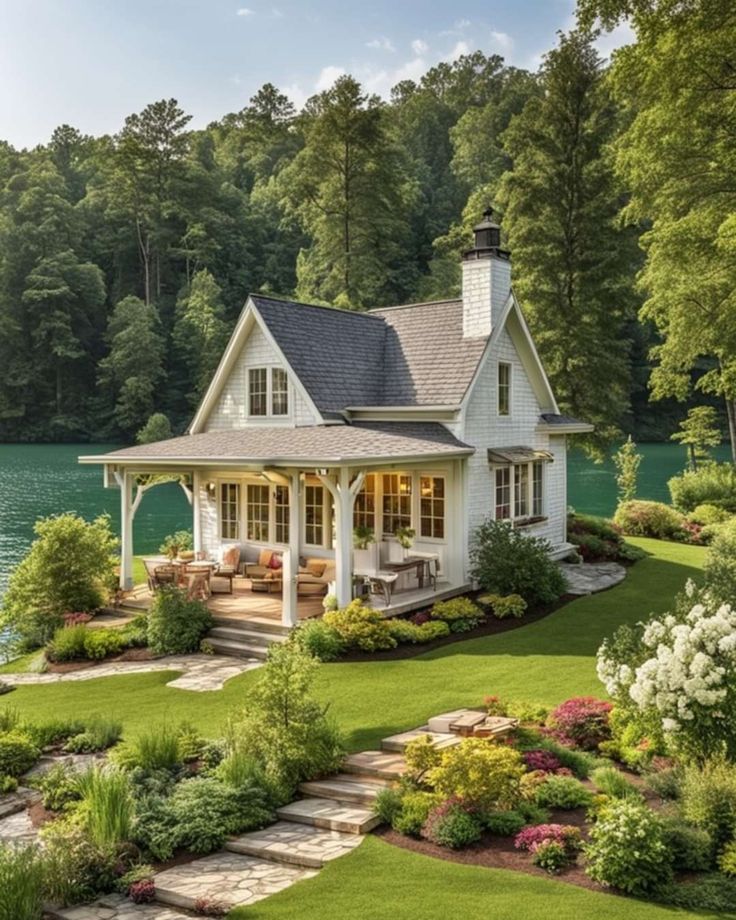 a white house sitting on top of a lush green field next to a body of water