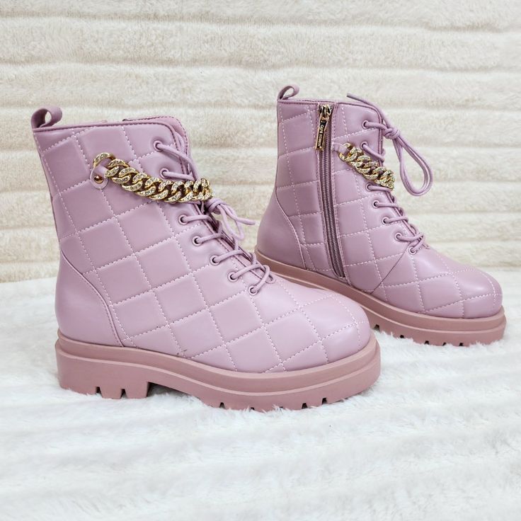 Lancey By Cape Robbin Ankle Boots Quilted Diamond Stitch Upper All Man Made Materials 1.25 " Heel Decorative Chain Detail Side Zip Deep Tread Rubber Sole Pink Ankle-high Boots For Winter, Pink High-top Combat Boots For Winter, Winter Pink High-top Combat Boots, Pink Lace-up Combat Boots, Trendy Pink Boots For Spring, Pink Casual Combat Boots With Round Toe, Trendy High-top Pink Boots, Trendy High Ankle Pink Boots, Casual Pink Combat Boots With Round Toe