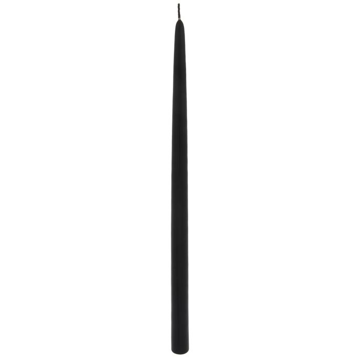 a tall black candle is on a white surface and has a long, slender stick sticking out of it's center