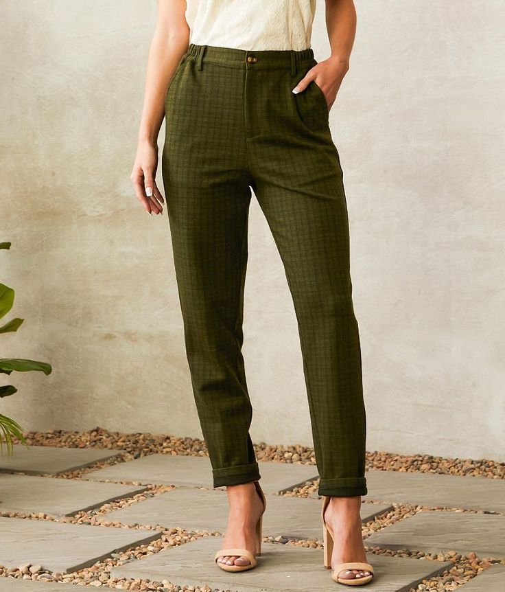 Willow & Root Plaid Trouser Pant - Green X-Small, Women's Olive Printed knit zip fly stretch pant Inseam measures 28 Rise measures 11 13 bottom opening Elasticized waistband. 97% Polyester 3% Spandex. Hand wash cold. Do not bleach. Line dry/hang to dry. Cool iron.. WOMEN'S BOTTOMS SIZE CONVERSION CHART Waist (size) 22 23 24 25 26 27 28 29 30 31 32 33 34 36 38 Juniors - 00 0 1 3 5 7 9 11 13 15 - - - - US - - 00 0 2 4 6 8 10 12 14 16 18 20 22 S/M/L Sizing - XXS XS S S M M L L XL XXL XXL - - EU - - Women’s Office Casual, Womens Work Pants Business Casual, Colorful Office Attire, Fall Work Attire Women, Size 00 Outfits Women, Size 10 Fashion For Women, Plaid Trousers Women, Hipster Business Casual Women, Business Casual Cottagecore