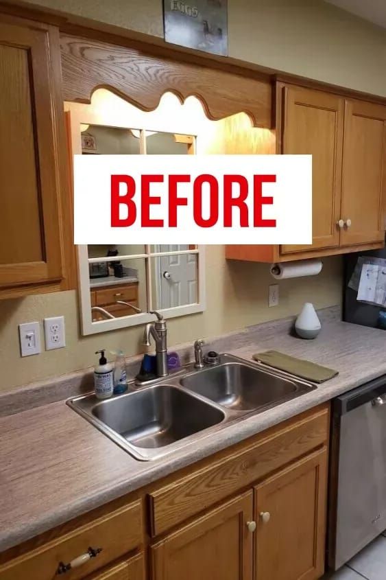 a kitchen with wooden cabinets and stainless steel appliances before and after remodeling