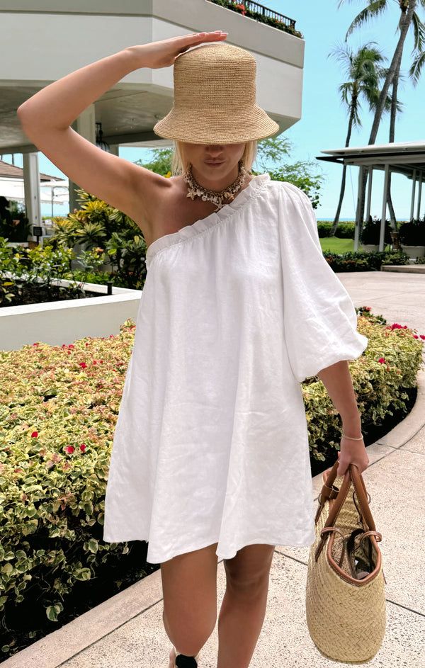 High Volume Mini Dress ~ White Linen White One-shoulder Dress For Summer Brunch, One Shoulder Summer Mini Dress For Vacation, Casual One Shoulder Mini Dress For Vacation, Casual One Shoulder Dress For Spring Day Out, Casual One-shoulder Mini Dress For Vacation, Casual One Shoulder Dress For Summer Day Out, Casual Summer One-shoulder Dress For Brunch, White One Shoulder Dress For Spring Brunch, Summer One-shoulder Dress For Vacation